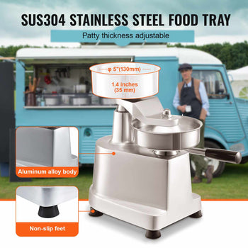 SUS304 stainless steel food tray with adjustable patty thickness, durable aluminum alloy body, non-slip feet, silver finish.