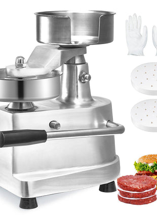 Stainless steel meat grinder with two aluminum plates, gloves, and burger patties, perfect for home cooking.