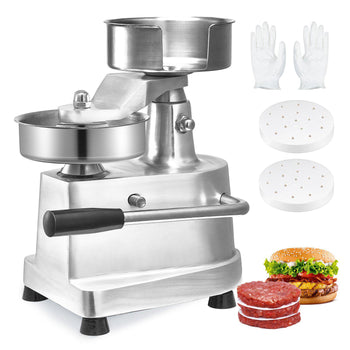 Stainless steel meat grinder with two aluminum plates, gloves, and burger patties, perfect for home cooking.