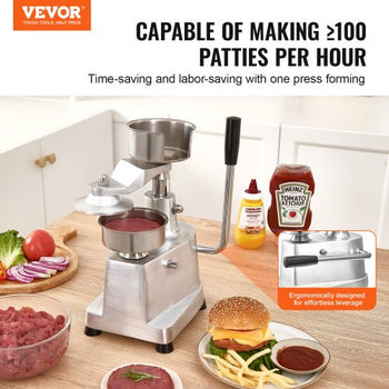 Commercial Burger Patty Maker, 100mm/4inch Hamburger Beef Patty Maker, Heavy Duty Food-Grade Stainless Steel Bowl Burger Press Machine, Kitchen Meat Forming Processor with 1000 Pcs Patty Papers
