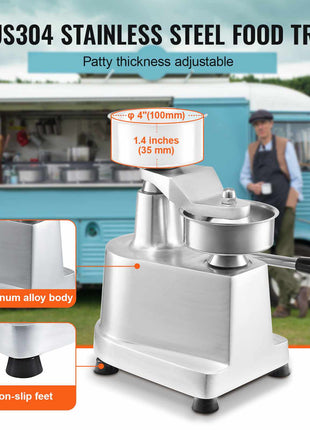 SUS304 stainless steel food tray with adjustable patty thickness, sleek silver finish, and non-slip feet for stability.
