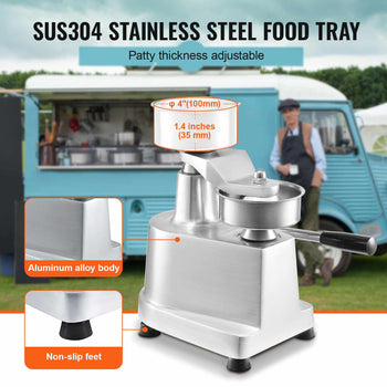 SUS304 stainless steel food tray with adjustable patty thickness, sleek silver finish, and non-slip feet for stability.