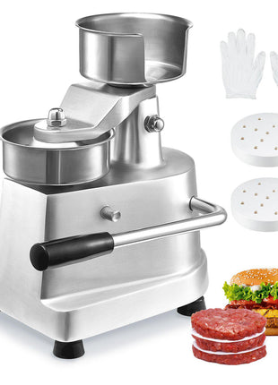 Stainless steel burger press with adjustable thickness, includes gloves and discs, ideal for making perfect patties.