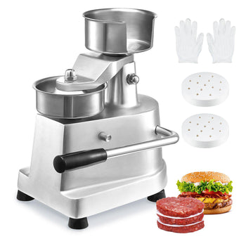 Stainless steel burger press with adjustable thickness, includes gloves and discs, ideal for making perfect patties.