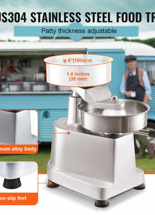 SUS304 stainless steel food tray with adjustable patty thickness, aluminum alloy body, and non-slip feet.
