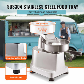 SUS304 stainless steel food tray with adjustable patty thickness, aluminum alloy body, and non-slip feet.