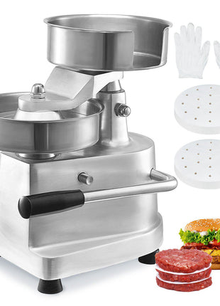 Stainless steel hamburger press with two discs, gloves, and a burger stack; ideal for making perfect patties.