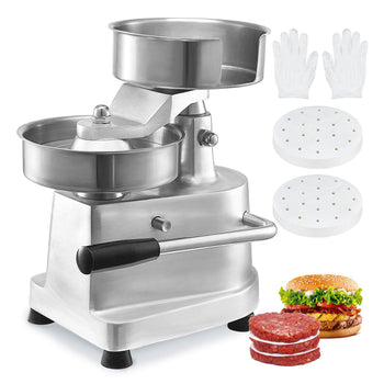 Stainless steel hamburger press with two discs, gloves, and a burger stack; ideal for making perfect patties.