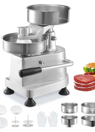 Stainless steel meat grinder with two bowls, multiple plates, and gloves, ideal for burger preparation.