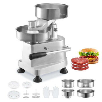 Stainless steel meat grinder with two bowls, multiple plates, and gloves, ideal for burger preparation.