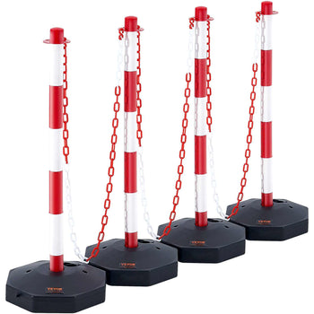 Red and white striped retractable safety barrier posts with black bases and white chains, ideal for crowd control.
