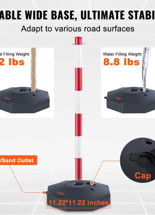 Fillable wide base traffic pole with red and white stripes, durable plastic, 11.22" x 11.22", adjustable for stability.