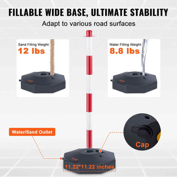 Fillable wide base traffic pole with red and white stripes, durable plastic, 11.22" x 11.22", adjustable for stability.