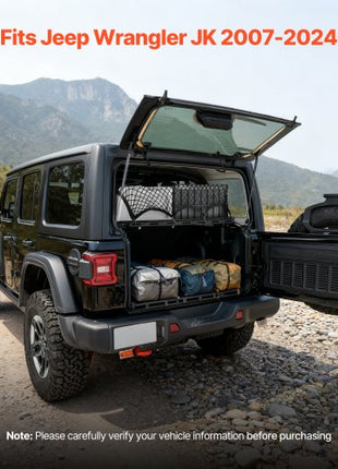 Rear Trunk Cargo Rack, for 2007-2024 Jeep Wrangler JK 4-Door Hardtops, 300 lbs Capacity, Carbon Steel Basket Tray Interior Storage Luggage Carrier with Net, Shelf Stand Organizer for Camping Trip Gear, Black