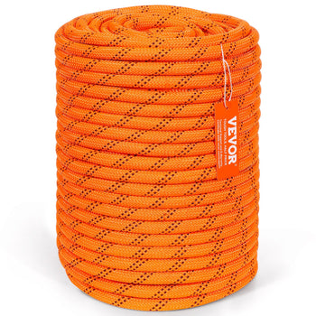 Dual-Weave Polyester Cord, 1/2 inch x 220 feet, 48-Strand, 8000 LBS Tensile Strength, Multi-Use Outdoor Rope for Camping, Swinging, Rappelling, and Rescue, Orange/Black