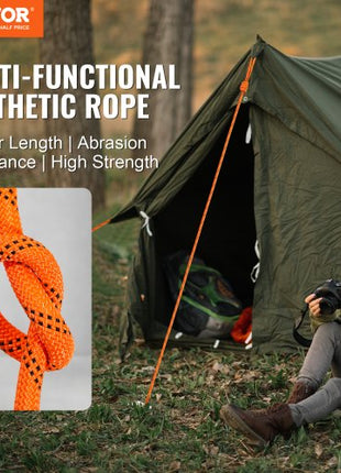Double Braided Polyester Rope, 3/4 in x 220 ft, 24 Strands, 12700 LBS Breaking Strength Outdoor Rope, Arborist Rigging Rope for Rock Hiking Camping Swing Rappelling Rescue, Orange/Black