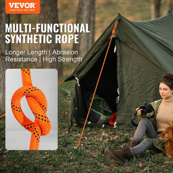 Double Braided Polyester Rope, 3/4 in x 220 ft, 24 Strands, 12700 LBS Breaking Strength Outdoor Rope, Arborist Rigging Rope for Rock Hiking Camping Swing Rappelling Rescue, Orange/Black
