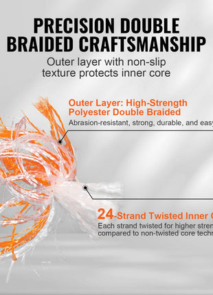 Double Braided Polyester Rope, 3/4 in x 220 ft, 24 Strands, 12700 LBS Breaking Strength Outdoor Rope, Arborist Rigging Rope for Rock Hiking Camping Swing Rappelling Rescue, Orange/Black