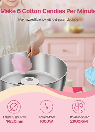 Electric Cotton Candy Machine with Cart, 1000W Commercial Candy Floss Maker with 20.5 in Stainless Steel Bowl, Sugar Scoop, and Drawer, Easy to Use, for Home, Kids Birthday, Family Party, Pink