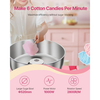 Electric Cotton Candy Machine with Cart, 1000W Commercial Candy Floss Maker with 20.5 in Stainless Steel Bowl, Sugar Scoop, and Drawer, Easy to Use, for Home, Kids Birthday, Family Party, Pink