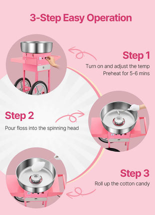 Electric Cotton Candy Machine with Cart, 1000W Commercial Candy Floss Maker with 20.5 in Stainless Steel Bowl, Sugar Scoop, and Drawer, Easy to Use, for Home, Kids Birthday, Family Party, Pink