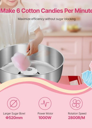 Electric Cotton Candy Machine with Cart, 1000W Commercial Candy Floss Maker with 20.5 in Stainless Steel Bowl, Sugar Scoop, and Drawer, Easy to Use, for Home, Kids Birthday, Family Party, Red