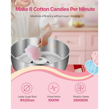 Electric Cotton Candy Machine with Cart, 1000W Commercial Candy Floss Maker with 20.5 in Stainless Steel Bowl, Sugar Scoop, and Drawer, Easy to Use, for Home, Kids Birthday, Family Party, Red