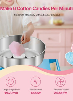 Electric Cotton Candy Machine with Cart, 1000W Commercial Candy Floss Maker with 20.5 in Stainless Steel Bowl, Sugar Scoop, and Drawer, Easy to Use, for Home, Kids Birthday, Family Party, Blue
