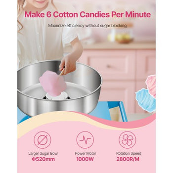 Electric Cotton Candy Machine with Cart, 1000W Commercial Candy Floss Maker with 20.5 in Stainless Steel Bowl, Sugar Scoop, and Drawer, Easy to Use, for Home, Kids Birthday, Family Party, Blue