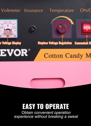Pink VEVOR cotton candy machine with clear voltage display, stepless voltage regulation, and an ON/OFF switch.