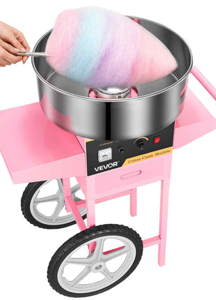 Pink VEVOR cotton candy machine with stainless steel bowl and cart, perfect for parties and events.