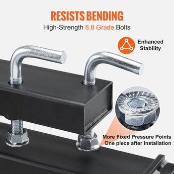 High-strength black metal clamp with silver 8.8 grade bolts; designed for stability and resistance to bending.