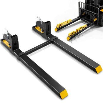 Forklift attachment with heavy-duty black steel forks, yellow tips, and a 4000 lbs capacity, measuring 60"/149 cm.
