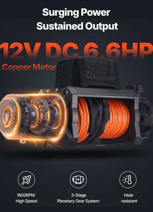 Electric Winch, 12000 lbs Load Capacity, 12V DC Truck Winch with Φ3/8 in x 92 ft Synthetic Rope, Wireless & Wired Remote Control, IP68 Waterproof for Towing Off-Road SUV Jeep Trailer Boat