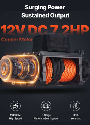 Electric Winch, 13500 lbs Load Capacity, 12V DC Truck Winch with Φ3/8 in x 92 ft Synthetic Rope, Wireless & Wired Remote Control, IP68 Waterproof for Towing Off-Road SUV Jeep Trailer Boat
