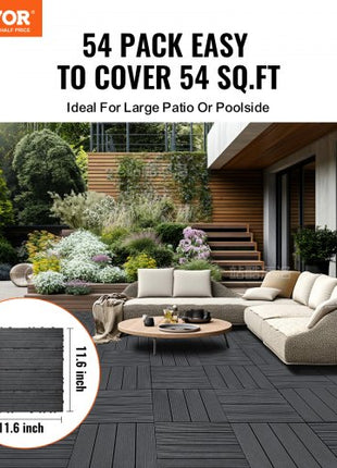 Interlocking Deck Tiles, 54 Pack,12"x12" 54 sq. ft Plastic Waterproof Outdoor Flooring All Weather Use, Patio Floor Decking Covering Tiles for Porch Poolside Balcony Backyard, Dark Grey