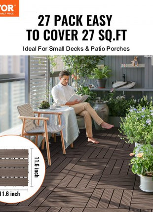 Interlocking Deck Tiles Plastic Wood, 27 Pack,12"x12" 27 sq. ft Waterproof Outdoor Flooring All Weather Use, Patio Floor Decking Covering Tiles for Porch Poolside Balcony Backyard, Dark Brown