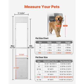 Dog Door for Sliding Glass Door, 75 7/8" to 80 11/16" Adjustable Height, Aluminum Alloy Frame with 3-Layer Flap and Rotating Hinge, for Extra Large-Sized Dogs, Sliding Glass Pet Doors for Renter