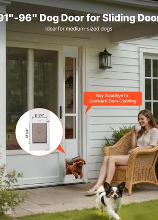 Dog Door for Sliding Glass Door, 91 to 96 in Adjustable Height, Aluminum Alloy Frame with Metal Rotating Hinges, Lock Design, 8 1/4 x 12 1/4 in Flap, Sliding Glass Pet Door for Renters