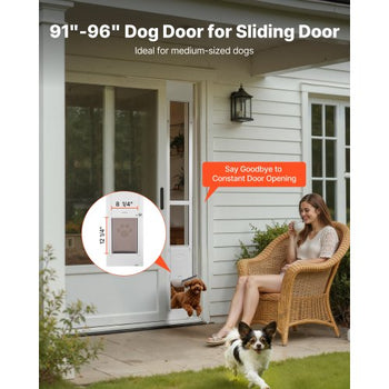 Dog Door for Sliding Glass Door, 91 to 96 in Adjustable Height, Aluminum Alloy Frame with Metal Rotating Hinges, Lock Design, 8 1/4 x 12 1/4 in Flap, Sliding Glass Pet Door for Renters
