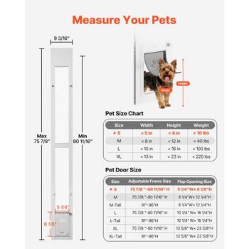 Dog Door for Sliding Glass Door, 75 7/8" to 80 11/16" Adjustable Height, Aluminum Alloy Frame with Flap and Rotating Hinge, Lock Design, for Small-Sized Dogs, Sliding Glass Pet Doors for Renters
