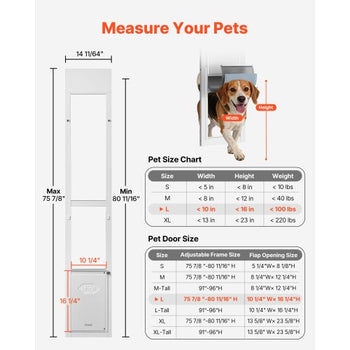 Dog Door for Sliding Glass Door, 75 7/8" to 80 11/16" Adjustable Height, Aluminum Alloy Frame with Flap and Rotating Hinge, Lock Design, for Large-Sized Dogs, Sliding Glass Pet Doors for Renters