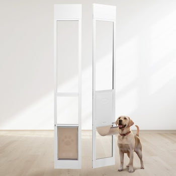 Dog Door for Sliding Glass Door, 75 7/8"-80 11/16" Adjustable Height Doggy Door for Sliding Doors, Aluminum Frame Tempered Glass Pet Door with Hinge Structure Flap and Lock for Medium-Sized Dogs