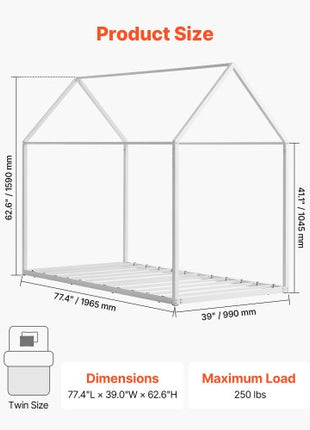 Twin Size House Bed Frame, Metal Kids Floor Bed Frame with Roof, Heavy Duty Steel Slats Support, House Shape Bedframe for Girls and Boys, No Box Spring Needed, Easy Assembly, White