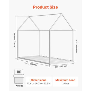 Twin Size House Bed Frame, Metal Kids Floor Bed Frame with Roof, Heavy Duty Steel Slats Support, House Shape Bedframe for Girls and Boys, No Box Spring Needed, Easy Assembly, White