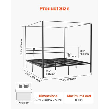 King Size Canopy Bed Frame, Metal Canopy Bed with Charging Station and Four Posters Design, Heavy Duty Steel Slats Support, Underbed Storage Space, No Box Spring Needed, Easy Assembly, Black