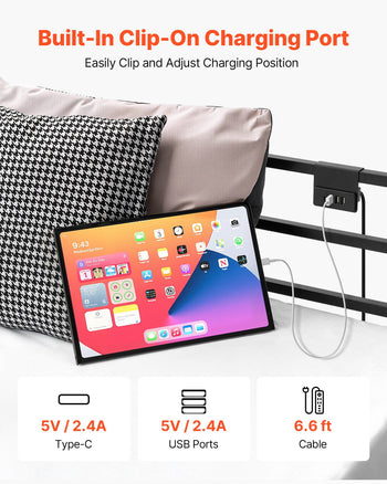 King Size Canopy Bed Frame, Metal Canopy Bed with Charging Station and Four Posters Design, Heavy Duty Steel Slats Support, Underbed Storage Space, No Box Spring Needed, Easy Assembly, Black