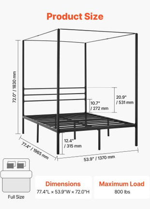 Full Size Canopy Bed Frame, Metal Canopy Bed with Four Posters Design, Heavy Duty Steel Slats Support, Underbed Storage Space, No Box Spring Needed, Easy Assembly, Black