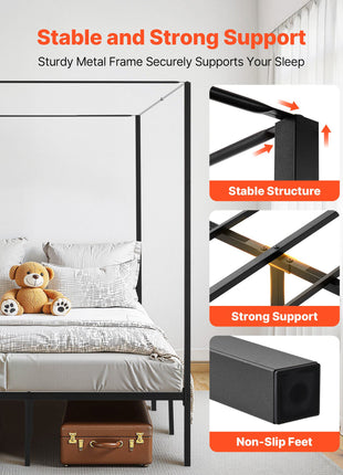 Full Size Canopy Bed Frame, Metal Canopy Bed with Four Posters Design, Heavy Duty Steel Slats Support, Underbed Storage Space, No Box Spring Needed, Easy Assembly, Black
