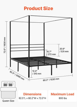 Queen Size Canopy Bed Frame, Metal Canopy Bed with Four Posters Design, Heavy Duty Steel Slats Support, Underbed Storage Space, No Box Spring Needed, Easy Assembly, Black